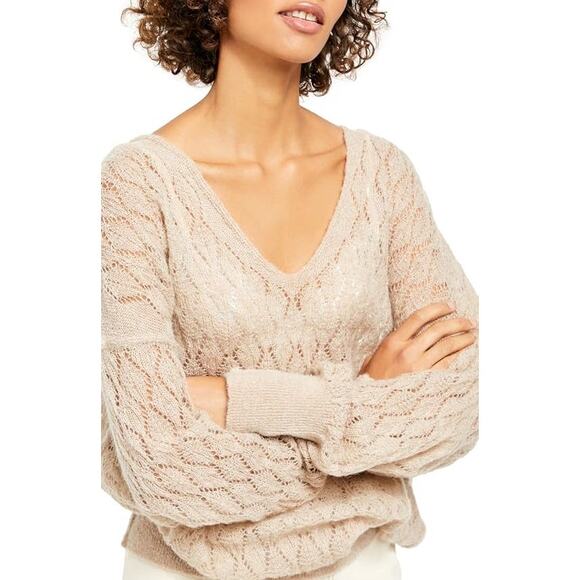 NWT Free People Say Hello Open Stitch Oversized Sweater Womens XS Taupe - Picture 1 of 9